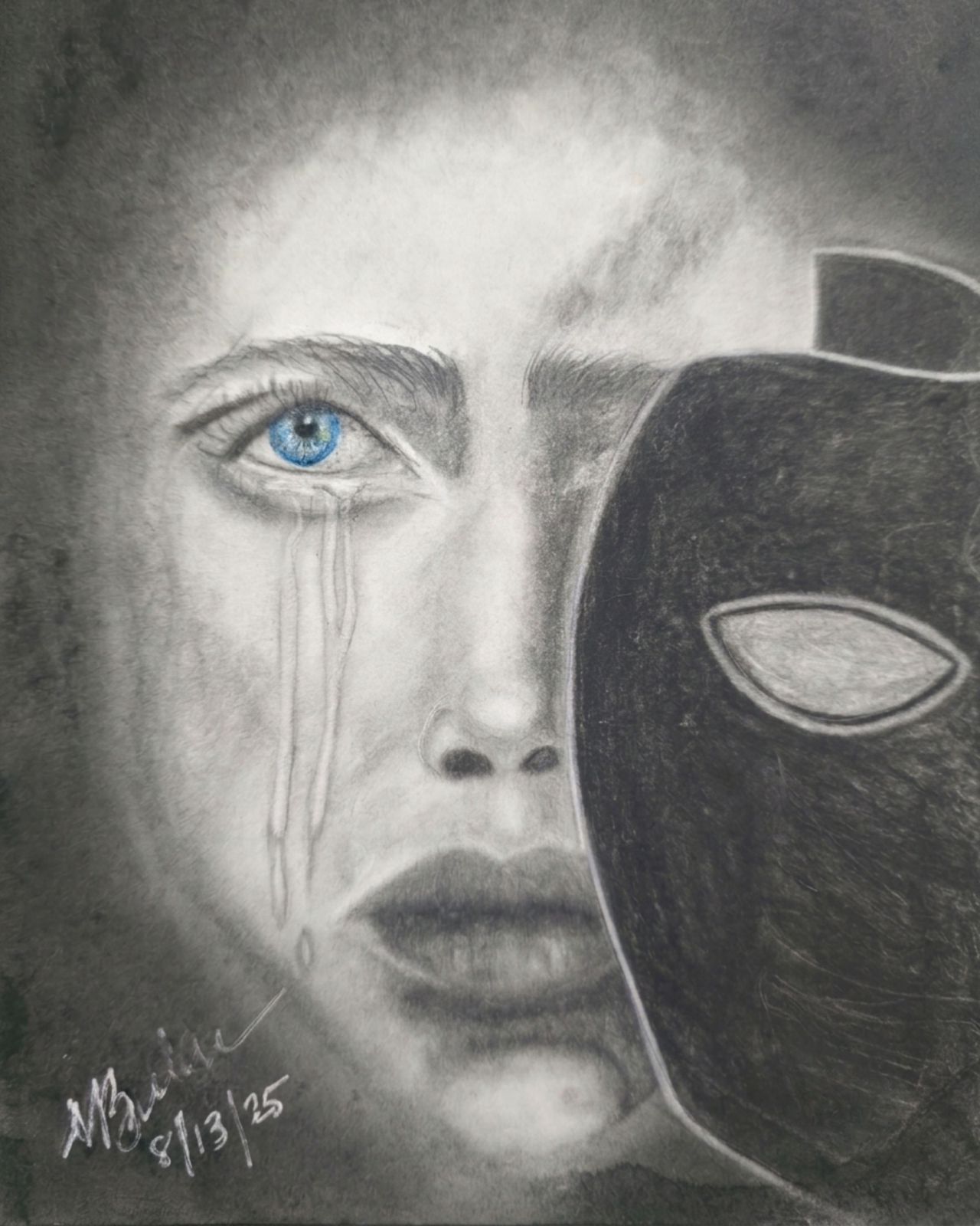 Graphite drawing of a woman's face in close-up, tears falling from one vivid blue eye, the other half of her face hidden behind a black mask.