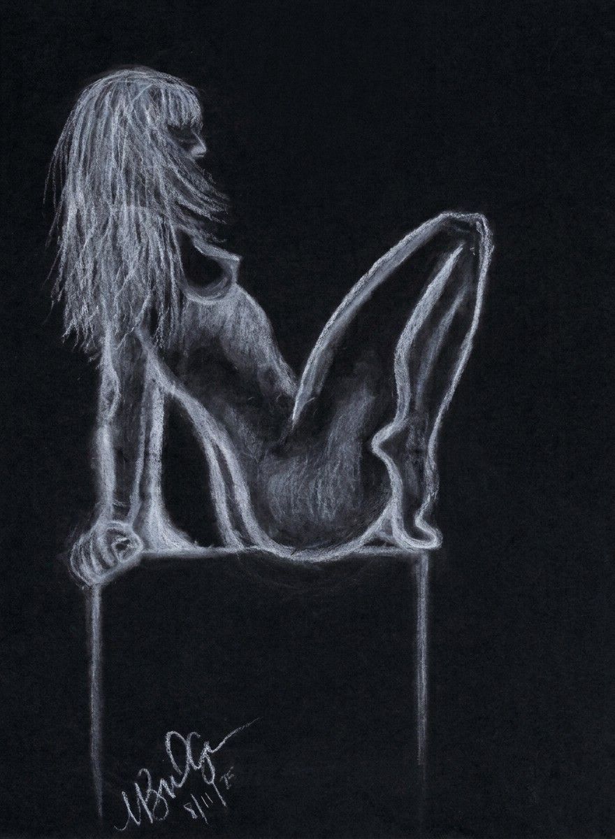 White charcoal drawing on black paper of a nude figure in outline, seated on a table with one knee raised and long hair falling across the face.
