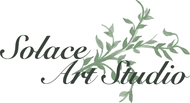 Solace Art Studio logo: script lettering with a sage green leaf sprig.