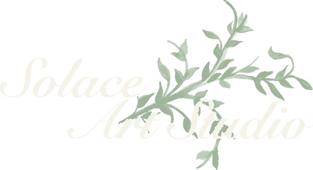 Solace Art Studio logo: script lettering with a sage green leaf sprig.