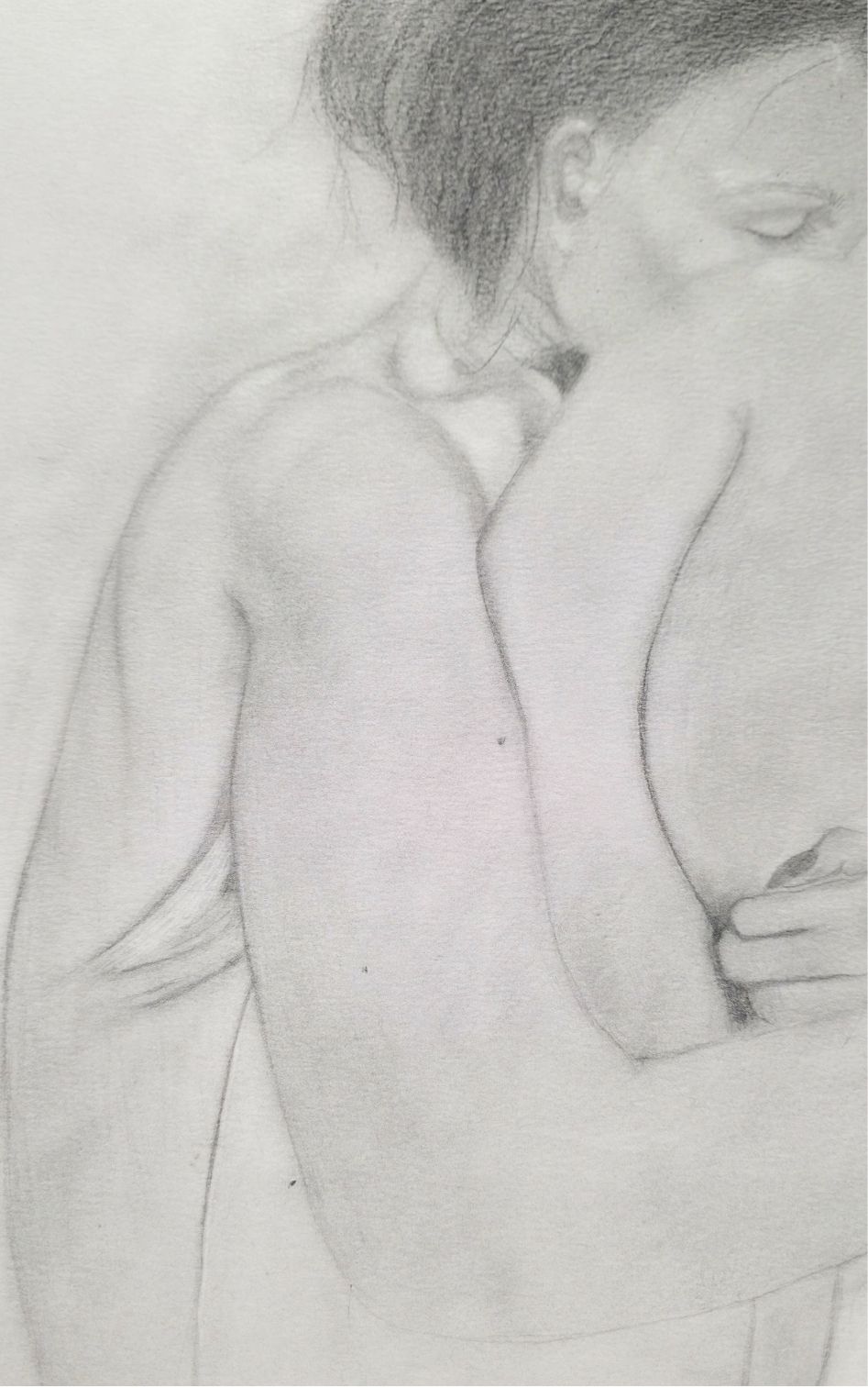 Light graphite drawing in progress of two figures in a close embrace, one with eyes closed, resting against the other's shoulder.