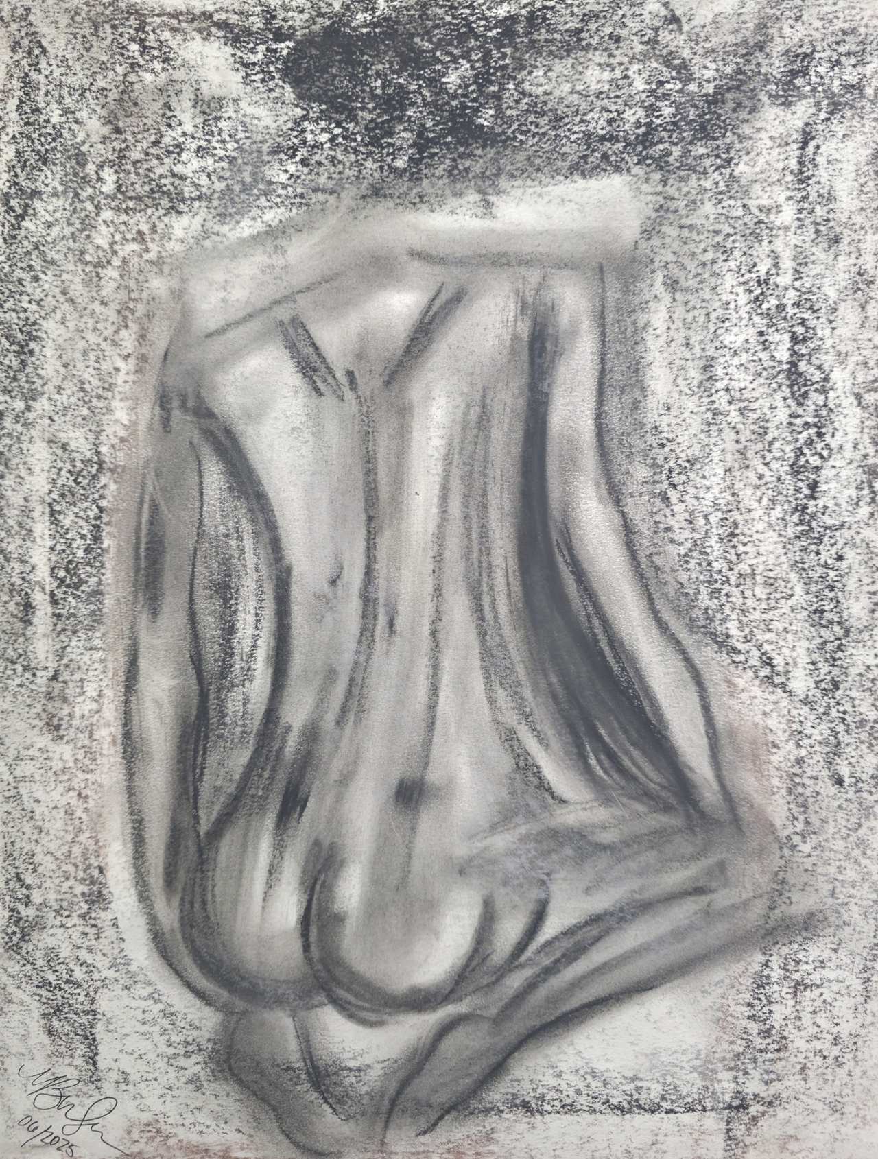 Soft pastel study in greys and black of a nude figure seen from behind, kneeling and folded forward against a rough, smudged background.